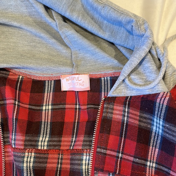 Red Cropped Flannel Zip-Up with silver circle zipper and grey hood - Picture 4 of 4